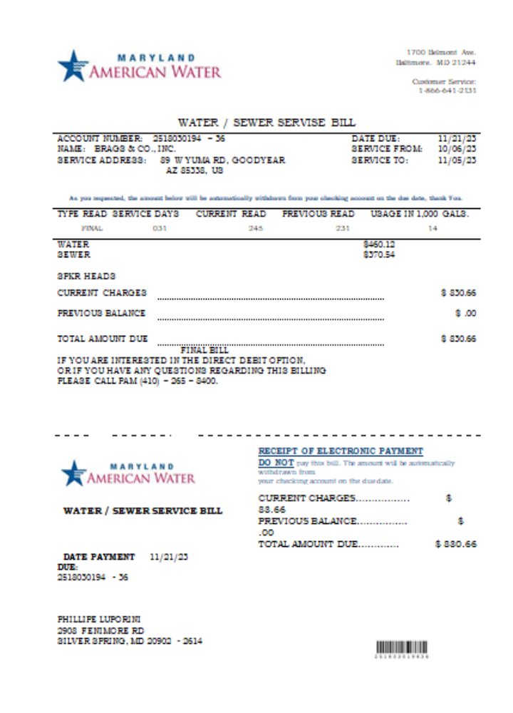 Maryland American Water Co utility business bill,  SCR PSD template